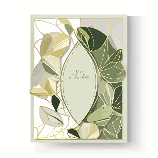 wedding booklet design. asymmetry. Stained glass petal art front page. Muted colors. Light green, gold, white. Minimalistic. Flat vector illustration.