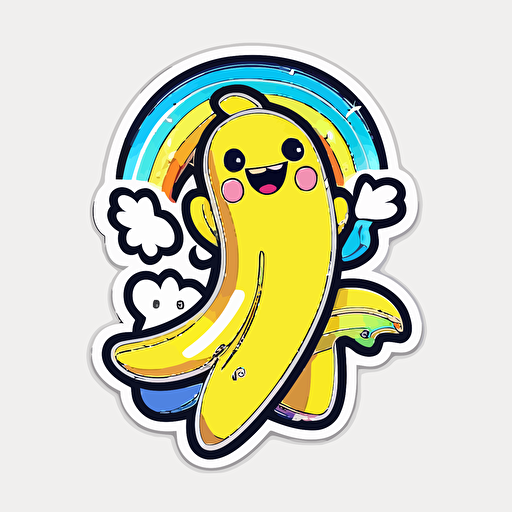 Kawaii Banana, Sticker, Happy, Electric Colors, Cartoon, Contour, Vector, White Background, Detailed