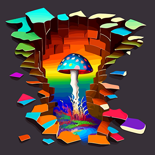 Dmt mushroom combination bright and vibrant with a waterfall animated effect with bright colors and make it a png vector. Make the background colored tiles that look like there opening up into another dimension with the effects of Dmt and lsd