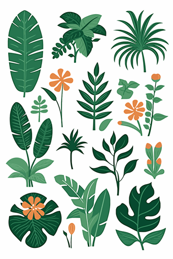 collection of stickers with outline, green plants, palm, flowers, vector, minimalistic style, white background