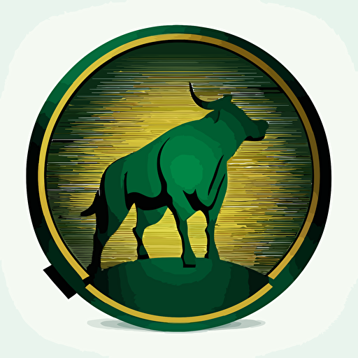 golden 2D green circle with wall street gold Bull silhouette inside, vector.