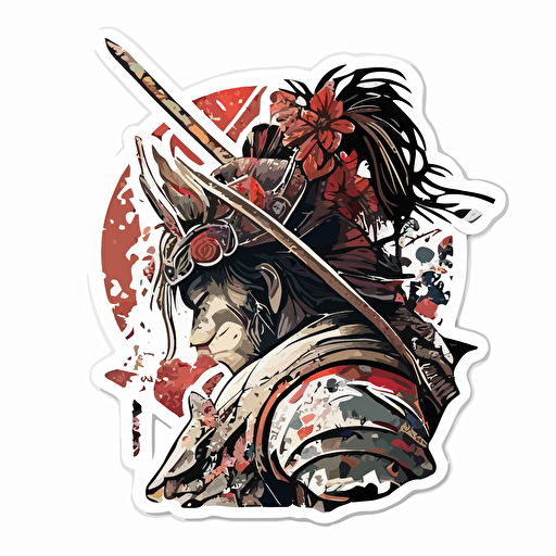 Samurai, Sticker, Happy, Textured, Street Art, Contour, Vector, White Background, Detailed