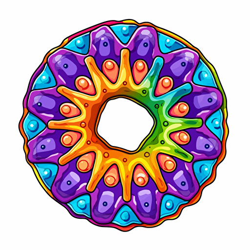 handdrawn doughnut, vector art, rainbow colours, symmetrical, isolated white background