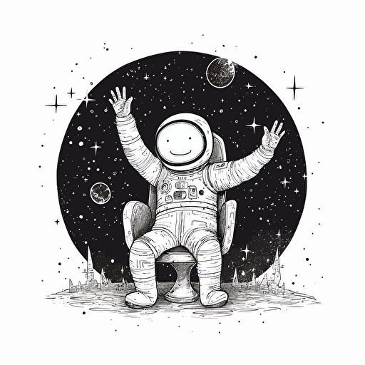 faceless happy astronaut giving one thumb up, sitting on an invisible chair, surrounded by stars and particles, simple vector black and white, children book illustration, minimalism, highly detailed, ghibli style
