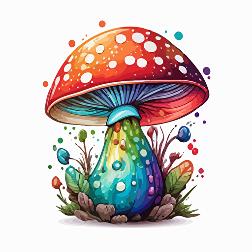 illustrated mushroom, vector art, magical colours, isolated white background