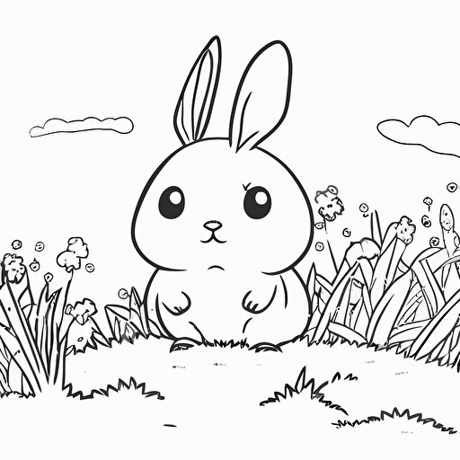 cute rabbit in farm, big cute eyes, pixar style, simple outline and shapes, coloring page black and white comic book flat vector, white background