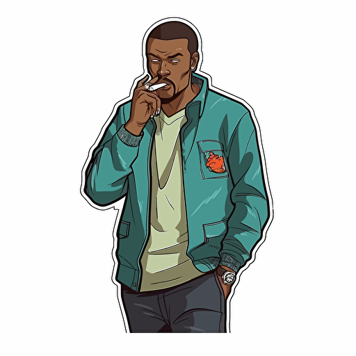 Stickers, vector art, gta 5 style, a black guy with a joint in mouth, holds his hand to his mouth as if whispering, full-length