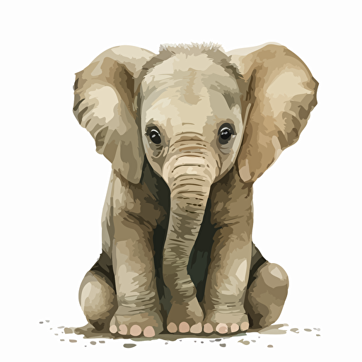 watercolor adorable baby elephant sitting, large eyes, vector style, white background