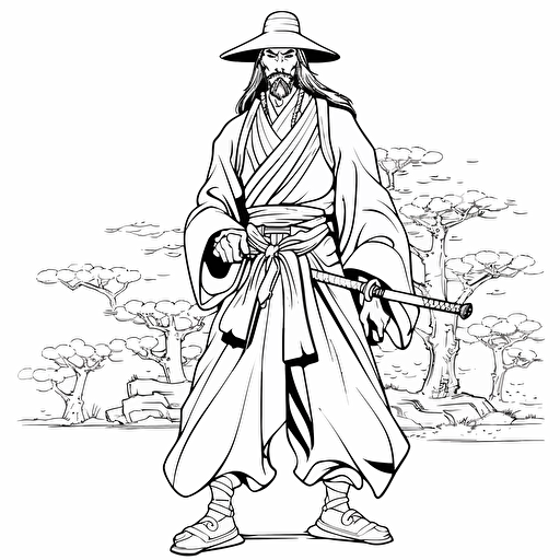 japanese samurai ignorant style No Shadow. Cartoon. Coloring page. Vector. Simple.