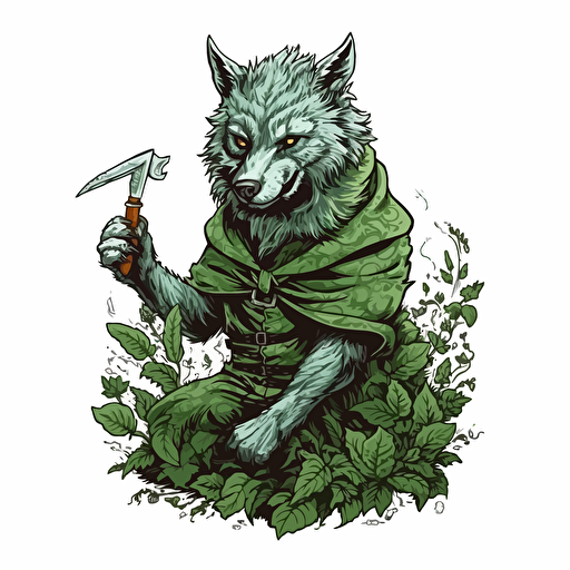 a friendly wolf made of green leaves, holding a dagger in its mouth. White background. Vector art. Digital art.