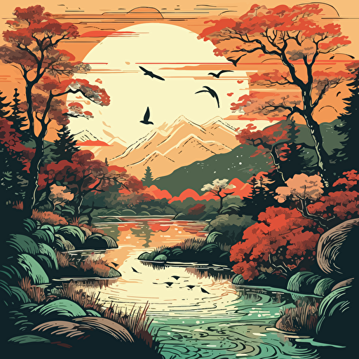 ukiyo-e print of a beautiful nature scene, vector art, poster art
