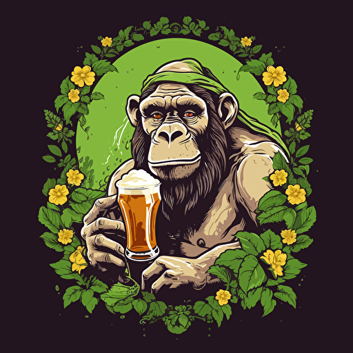 sign for a craft beer bar, darwin chimp side profile holding a beer, background decorated with green hop flowers, vectorial art,