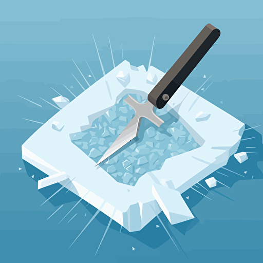 Ice Breaker on block of ice swinging an ice pick, like a knife, into the Ice which resulting in cracks originating from the strike point vector illustration