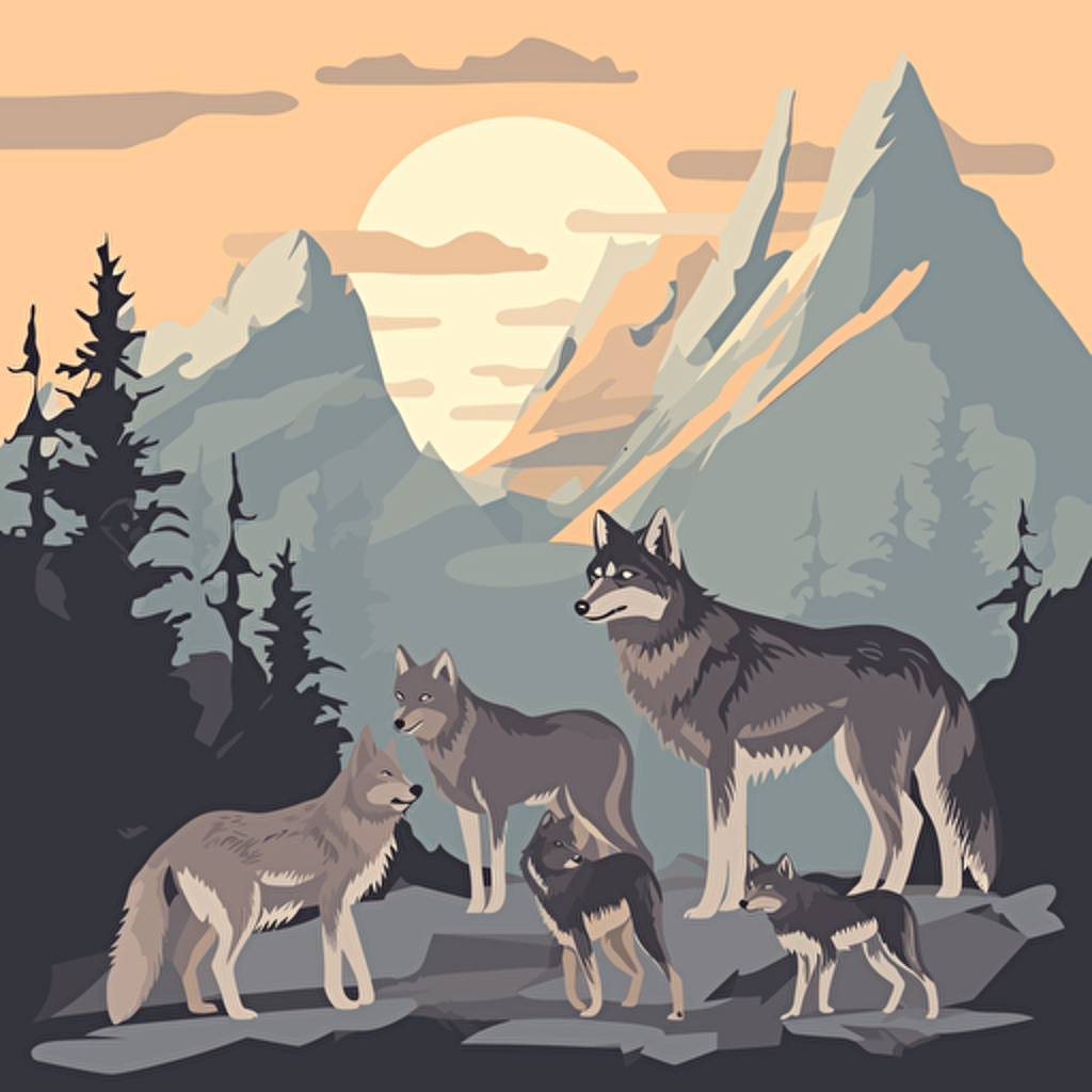 vector illustration of a wolf pack with wolf cubs, a she-wolf feeding some cubs on flat rocks, steppe, mountain and forest landcape