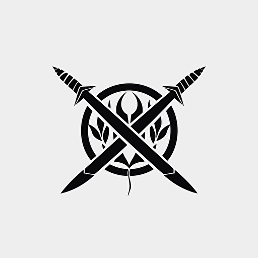 Logo of a two crossed katanas, minimalist icon, silhouette, vector, black on white background