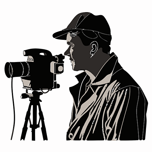 silhouetted outline of male filmmaker, line drawing, simple, white background, vector style