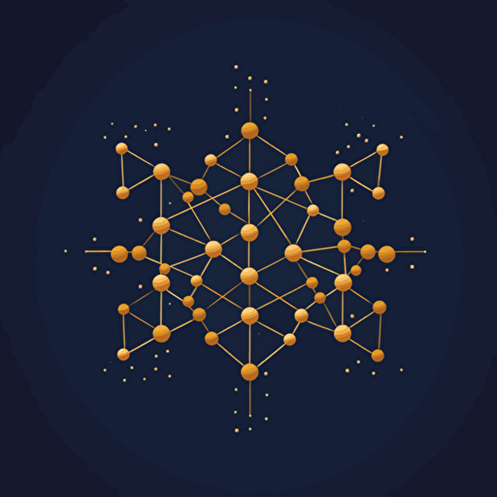 dark blue molecular structures, minimalist design, Logo, Gold background, vector drawing, flat