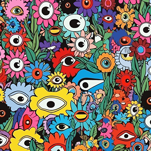 assorted group of eyes and flowers pop art flat vectorized murakami style