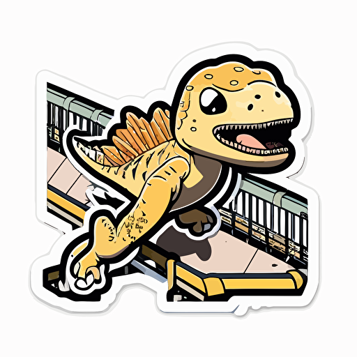 die-cut sticker, cute kawaii velociraptor flying over a bridge sticker, white background, illustration minimalism, vector, oceanic and pale yellow tones.