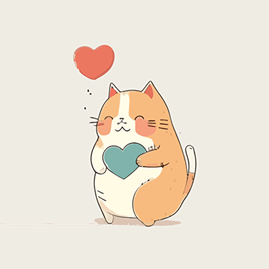 Ghibli Styles flat vector illustration of adorable, valentine cat holding heart white background