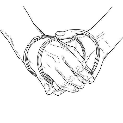 a couples hands holding each other, with rings, line drawing style, white background, vector