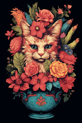 colorful svg vector drawing of vase full of flowers behind a a beautiful cat