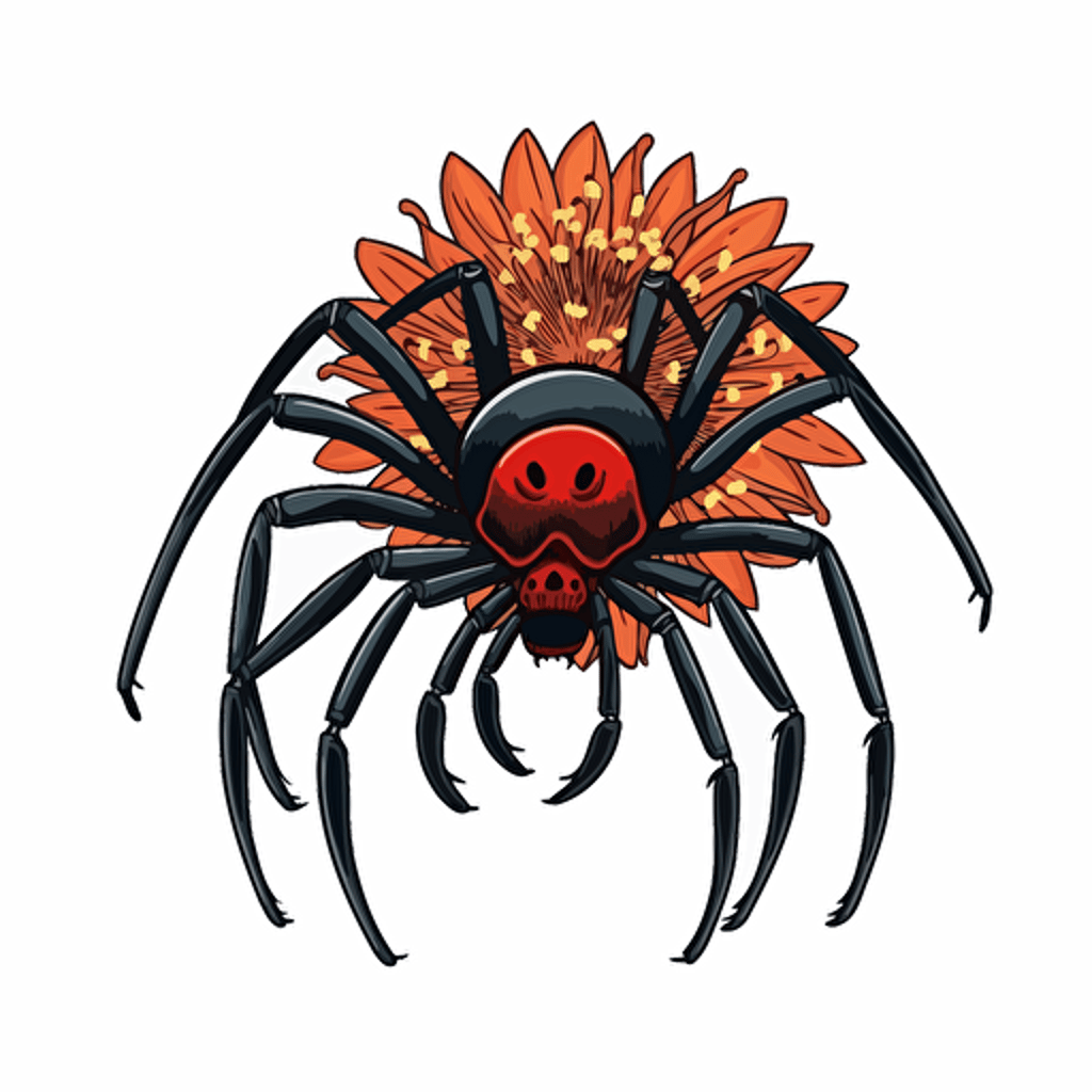 black widow spider, flowers, detailed, cartoon style, 2d clipart vector, creative and imaginative, hd, white background