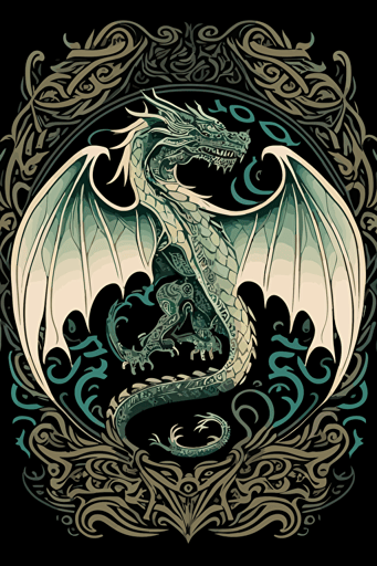 a dragon with symmetric spread wings, svg vector image, mandala-like pattern, subtle pale colors and thick crisp black outline