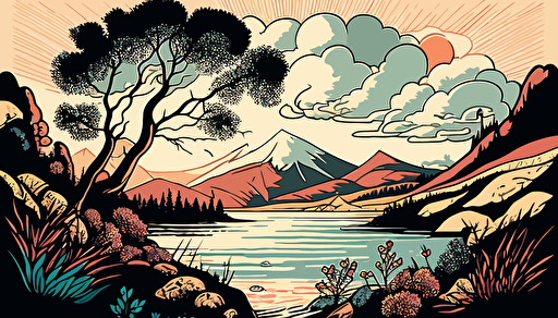 retro lake abstract landscape art, vector, contour