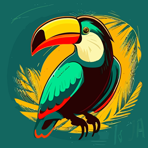 Toucan with turquoise-green plumage. Its beak is yellow. The beak ends in red. Illustration in a children's comic book.. Cartoon, vector, flat colours.::5