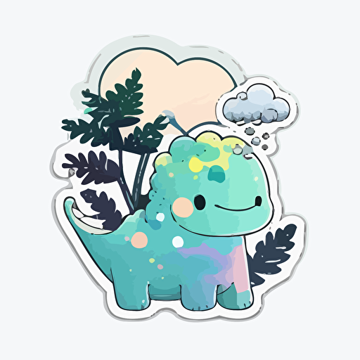 die-cut sticker, cute kawaii dinosaur in steam sticker, white background, illustration minimalism, drawn in childish way, vector, oceanic tones.