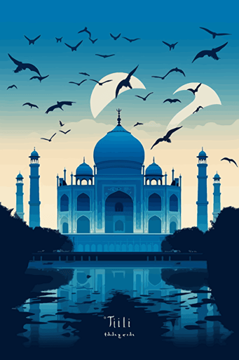 front view of the Taj Mahal, blue sky, vector design, minimalist, flat, bird silhouettes in the sky