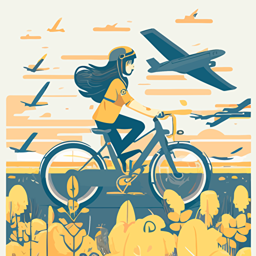 minimalistic illustration style girl riding bicycle in ukraine with plane Mriya flying on the background optimistic scenes of life calm colour palette 2D vector, Andrew Lyons style