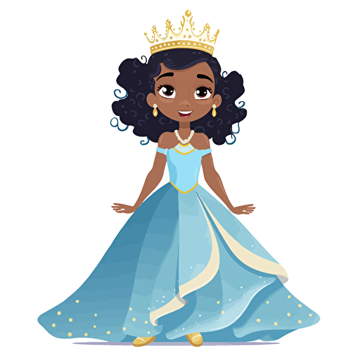 vector illustration full view image, in multiple poses and expressions, full image shots, 6 panels, of a cute, adorable, beautiful little mix race girl princess wearing a white and blue child gown and a beautiful golden crown.