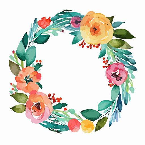 top view watercolor flower circle wreath vector, white background