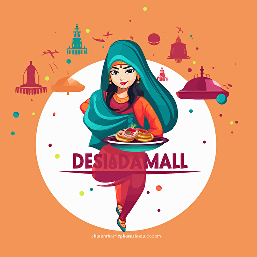 Design a logo with the name "Desi Dhamaal" for an indian street food brand depicting indian street food items, colorul, energetic logo, wordmark, Origial design, bollywood style font, vector