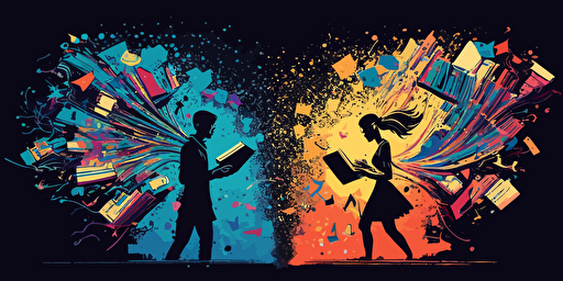 a fun and exciting debate between two people surrounded by books, computers, and math equations, sparks flying, splashes of color, vector