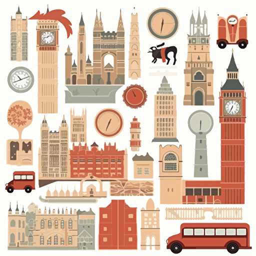 a set of stickers paper cutouts for scrapbooking collage UK themed. Vector image of Westminster London, full view, highly quality, no text, illustration, morning light, no text