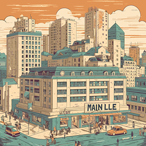 a flat illustration of a Place Ville Marie in Montreal, Quebec by killian eng, adobe illustrator, vector, poster