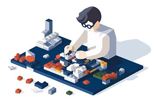 Person in an office playing with a Lego set, flat style illustration for business ideas, flat design vector, industrial, light and magical, high resolution, entrepreneur, colored cartoon style, light indigo and dark indigo, cad( computer aided design) , white background