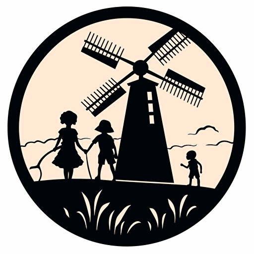 Australian country kids vector logo, no kids, including a windmill, black mininal, white background
