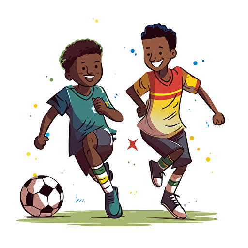 Vector illustration of handsome, happy 9 years old black boy and 9 years old white boy playing soccer in vivid colors with white background