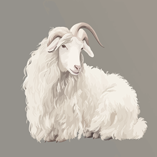 drawing angora goat , long horns, curly hair, white color, natural background vectoral style
