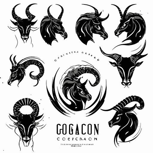 set of black capricorn logos, black ink vectors, white background
