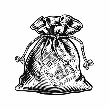 a money logo, money bag full of cash, black and white, white background, vector, png