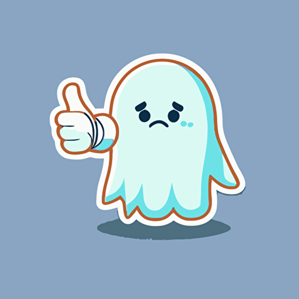 Very cute ghost thumbs down pixar style, 2d flat design, vector, cut sticker