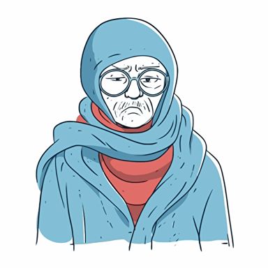 A man with a red nose, in a blue scarf, has a cold. Outline simplified, stylized cartoon illustration for children. with vector fills. concise, minimalistic rendering