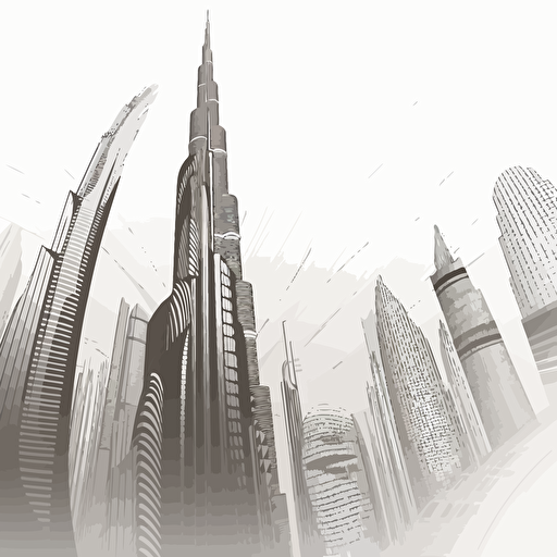 burj khalifa, line illustration, blackand white, vector, rounded shapes,