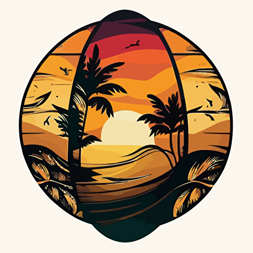 create a wooden vector style surfboard stuck in a beach next to palm trees and waves of water in a circle on white background simple and vector style very colorful with sunset