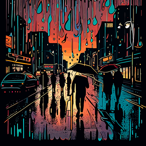 Drawing from Jackson Pollock's drip paintings, design a vector illustration of a bustling city street after a rainstorm, where the puddles reflect the colorful, abstract patterns created by the city lights. Set the scene during a twilight hour.